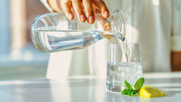 Hand pouring pure fresh water into a glass. Healthy morning hydration habit for a detox diet. Wellness and health lifestyle concept with lemon and mint. 