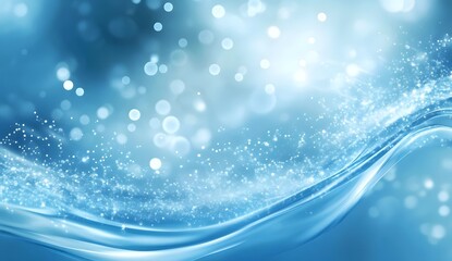 Blue background with light and soft bubbles on the right side of an abstract structure made up of molecules, 