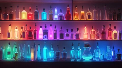 Colorful illuminated bar shelves filled with various liquor bottles.  Colorful neon lighting highlighting the bottles.  Modern bar design