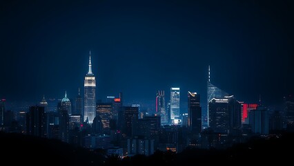 Obraz premium A city skyline illuminated at night with long exposure and deep blue tones.