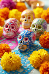Bright sugar skulls with marigolds and papel picado celebrate Dia de los Muertos.
Perfect for seasonal promotions, cultural blogs, or festive greeting designs.