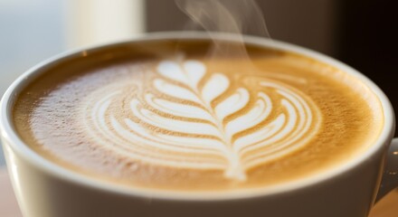 Closeup of Steaming Latte with Leaf Art
