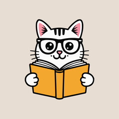 Cartoon cat wearing glasses reading a book kitten