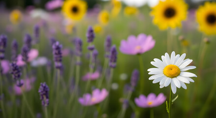 Obraz premium Summer Meadow Field with Blooming Flowers Daisy Lavender Sunflowers