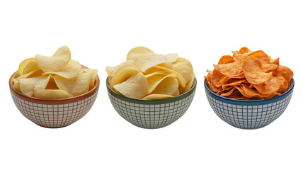 Three Bowls Of Potato Chips In A Row With Different Flavors, transparent background