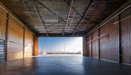 perspective from inside a warehouse looking out through the front window capturing the essence of warehouse architecture with ample copy space for text overlay