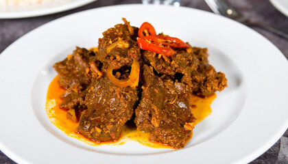 Ultra-detailed close-up of beef rendang with rich spices and , macro shot, styled like a food magazine editorial, studio lighting with warm highlights and soft shadows