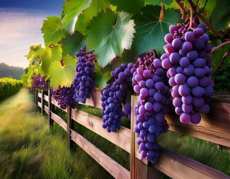 vibrant deep purple grapes cascading along a rustic wooden fence surrounded by lush green leaves creating a stunning natural display - Powered by Adobe