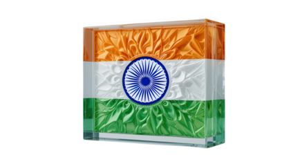 Transparent glass sculpture with embedded Indian flag design, luxury minimal photography