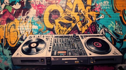 DJ equipment against a vibrant graffiti wall