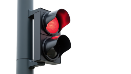 Red traffic light signaling stop mounted on pole urban setting safety device illuminated clear background signaling device transportation