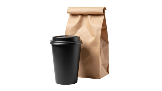 Black coffee cup next to brown paper bag, perfect for takeout meals or snacks, evokes sense of convenience and comfort