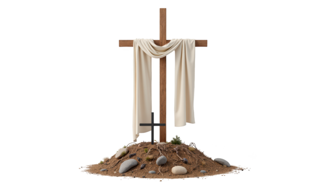 Wooden cross adorned with white cloth stands on mound of earth, surrounded by stones and small plants, symbolizing hope and renewal