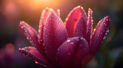 Fototapeta premium Stunning tulip blossom glistens with dew drops in golden light, perfect for spring themed campaigns