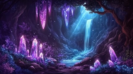 Enchanting crystal cave with waterfall.  Mystical, glowing crystals, lush foliage, serene water, and a hidden cave
