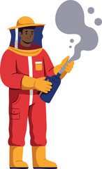 Firefighter in protective uniform holding smoke-emitting bottle vector illustration 