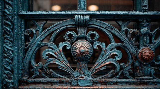 Elegant aged ironwork with intricate details and peeling paint evokes vintage charm and architectural history