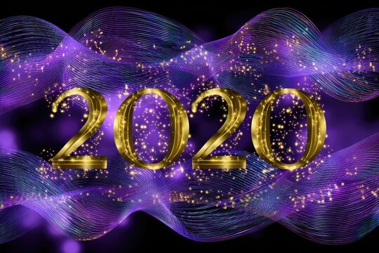 Gold 2020 shimmers against vibrant waves of violet and blue punctuated with glowing spots