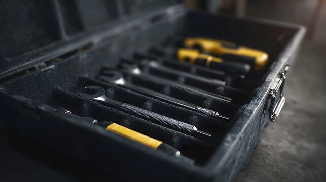 Open toolbox with a full set of organized hand tools in a well lit workspace