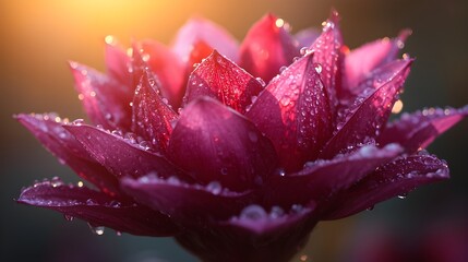 Stunning close-up of a vibrant pink dahlia glistening with morning dew in the soft golden sunlight