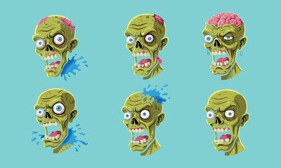 Zombie cartoon heads illustration, creepy undead monster faces, scary horror character set, spooky Halloween artwork, detailed vector design, terrifying brain-eating creatures