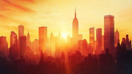 Fototapeta premium Fiery sunset over a bustling city skyline