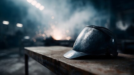 Welding helmet on a metal workbench in an industrial setting