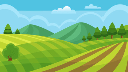 Obraz premium Cartoon Field with Rolling Green Slopes Nature Landscape Illustration