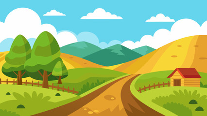 Cartoon Countryside Hills with Dirt Road Rural Landscape Illustration