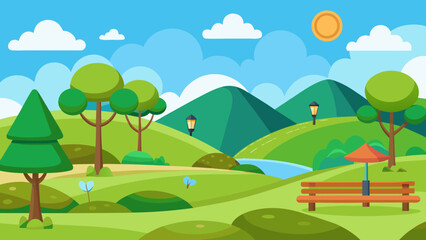 Obraz premium Cartoon Hilly Park with Green Grass Trees Nature Landscape Illustration
