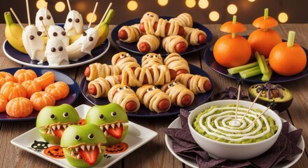 A festive spread of halloween party food including mummy hot dogs, ghost bananas, monster apples, and pumpkin cheese balls, perfect for a spooky celebration