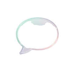 Naklejka premium A vibrant, iridescent chat bubble outline, shimmering with a delicate gradient of pastel hues, floats against a stark black background, symbolizing communication and empty dialogue space.