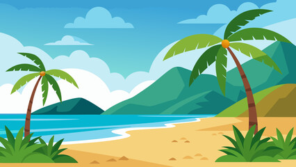 Obraz premium Vibrant Cartoon Tropical Beach with Palm Trees and Distant Hills