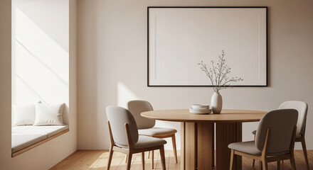 Bright dining room interior with table, chairs, frame and decoration