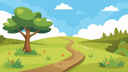 Peaceful Cartoon Grassy Meadow with a Path and Small Shrubs