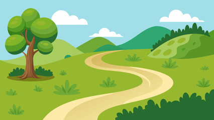Fototapeta premium Scenic Cartoon Winding Trail Through Green Meadow Surrounded by Nature