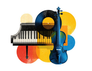 Abstract colorful music illustration with piano keys and violin in modern artistic design © ink drop