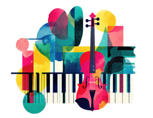 Modern abstract music art with bright piano keys and violin in a colorful composition