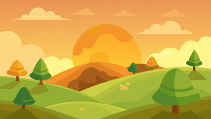 Obraz premium Charming Cartoon Hilly Countryside with Scattered Trees and Blue Sky