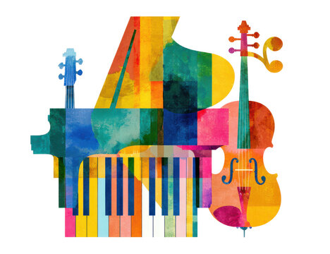Abstract colorful music illustration with piano keys and violin in modern artistic design