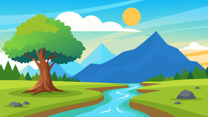 Obraz premium Peaceful Cartoon Riverbank with Large Tree in Foreground and Forest