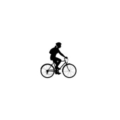 Fototapeta premium Silhouette of a cyclist with backpack riding bicycle against black background for logo or template design with simplicity and minimalism