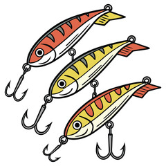 Premium vector set of brightly colored fishing lures and baits, ideal for tackle shop promotions, fishing blogs, or product packaging. Includes realistic details and scalable format.