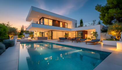 Modern luxury villa exterior at dusk. Contemporary design features large windows, pool. Smart home, automated buildings concept, real estate, property management. Eco-friendly, sustainable living.