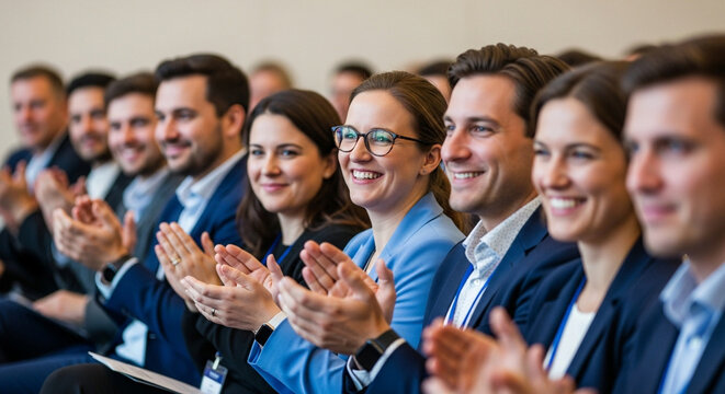 Group of business people applauding at a conference, showing success
