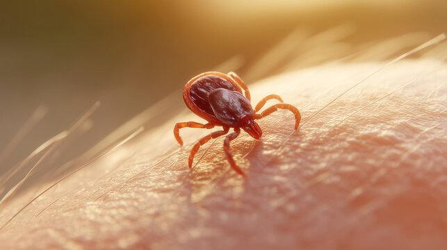 Close-up of a tick parasite on human skin under warm light. Ideal for medical content on Lyme disease, tick-borne infections, and parasite prevention