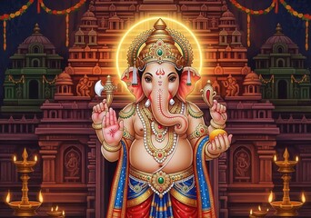 Fototapeta premium Royal Lord Ganesha Standing with Blessing Hand Gesture and Glowing Temple Background – High-Quality Festival Illustration