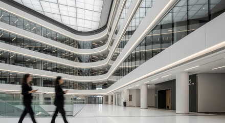 People walking in a modern office building with a large glass atrium roof