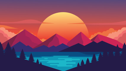 Breathtaking Sunset Horizon Behind Majestic Mountains and Calm Reflective Lake