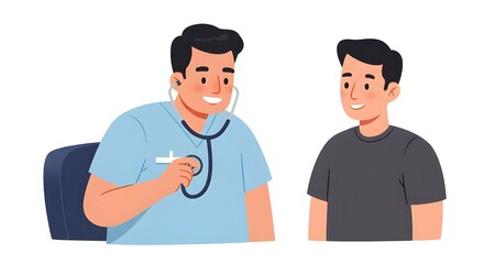 illustration of smiling doctor examining a patient in consultation, with stethoscope on isolated white background